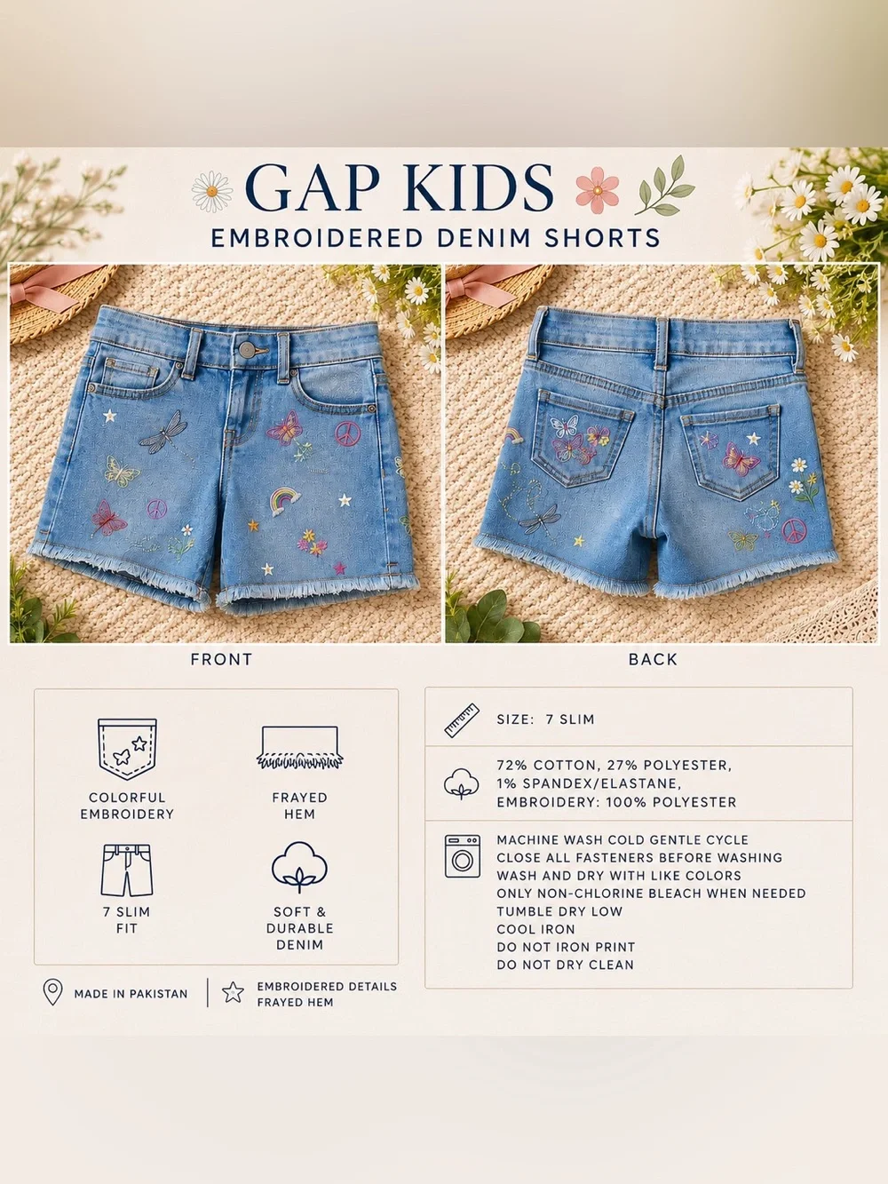 Girls Size 7 Summer Set | Choose Kindness Tee + GAP Shorts + Hair Clip